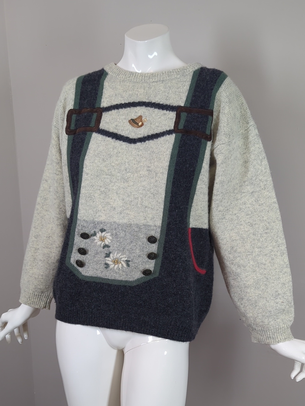 Vintage Lederhosen Knit Sweater Oktoberfest Folk Edelweiss Pullover Lambswool S